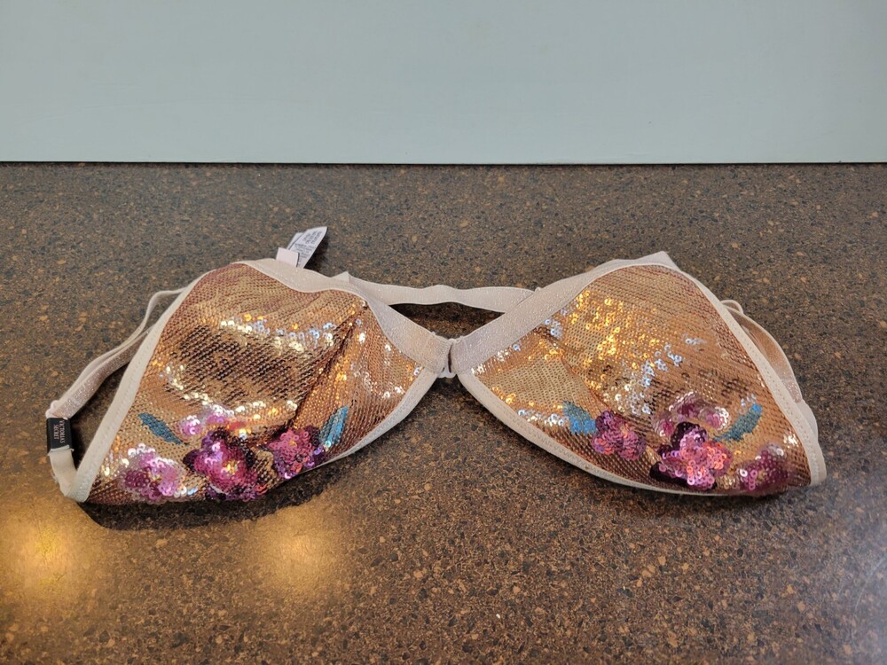 Victoria’s Secret Bikini Top Sequin Floral Gold Pink Triangle Swimwear Size S